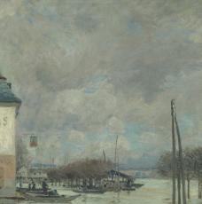 Alfred Sisley (1839-1899), L’Inondation à Port-Marly. Détail du ciel nuageux et des barques. 1876, peinture (huile sur toile), 60 × 81 cm. Paris, musée d’Orsay