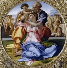 Michelangelo Buonarroti dit Michel-Ange (1475-1564), La Sainte Famille avec Saint Jean-Baptiste enfant (Tondo Doni). 1505-1506, peinture (détrempe sur bois), 120 cm. Italie, Florence, galerie des Offices (Inv. 1890 no. 1456)