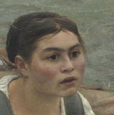 Jules Bastien-Lepage (1848-1884), Les Foins (détail du visage de la jeune femme). 1877, peinture (huile sur toile), 160 × 195 cm. Paris, musée d’Orsay (RF 2748)