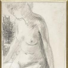 Pierre Bonnard (1867-1947), Nu de trois quarts dans une salle de bains. Vers 1924-1925, dessin (crayon noir sur papier vélin contrecollé sur carton), 51,9 × 34,8 cm. Paris, musée d’Orsay, conservé au musée du Louvre