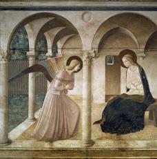 Guido Di Pietro, dit Fra Angelico (vers 1400-1455), L’Annonciation. Mur nord du corridor du couvent San Marco, à Florence (Italie). 1437-1447, peinture (fresque), 230 × 321 cm. Italie, Florence, Museo di San Marco