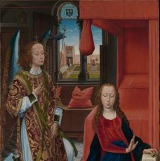 Hans Memling (1435-1494) ou atelier de Rogier Van der Weyden (1400-1464), L’Annonciation. Vers 1465-1470, peinture (huile sur bois), 186,1 × 114,9 cm. États-Unis d’Amérique, New York, The Metropolitan Museum of Art (Gift of J. Pierpont Morgan, 1917, 17.190.7)