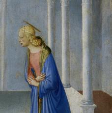 Guido Di Pietro, dit Fra Angelico (vers 1400-1455), L’Annonciation. Élément d’un panneau de l’armoire des ex-voto d’argent de la basilique della Santissima Annunziata à Florence (Italie). 1450-1452, peinture (tempera sur bois), 38,5 × 37 cm. Italie, Florence, Museo di San Marco
