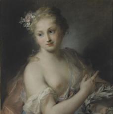 Rosalba Giovanna Carriera (1675-1757), Jeune fille tenant une couronne de laurier, nymphe de la suite d’Apollon. Morceau de réception à l’Académie royale de peinture et de sculpture, où l’artiste a été reçue le 26 octobre 1720. Entre 1720 et 1721, dessin (pastel sur papier), 61,5 × 54,5 cm. Paris, musée du Louvre