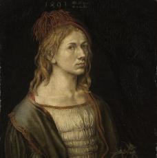 Albrecht Dürer (1471-1528), Portrait de l’artiste tenant un chardon. 1493, peinture (parchemin collé sur toile), 56,5 × 44,5 cm. Paris, musée du Louvre (acquis en 1922 par l’État français, RF 2382)