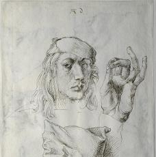 Albrecht Dürer (1471-1528), Autoportrait, étude d’une main et d’un oreiller (recto), six études d’oreillers (verso). 1493, dessin (crayon et encre brune sur papier), 27,8 × 20,2 cm. États-Unis d’Amérique, New York, The Metropolitan Museum of Art (Robert Lehman Collection, 1975, 1975.1.862)