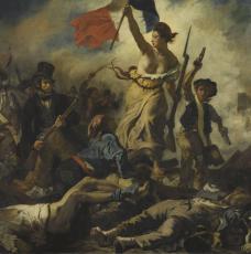 Femme nue tenant un drapeau tricolore avec des révolutionnaires 