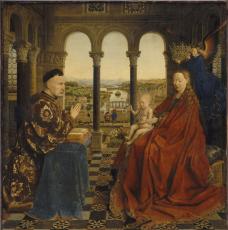 Jan Van Eyck (vers 1390/1395-1441), La Vierge et l’Enfant au chancelier Rolin. Provient de l’église Notre-Dame-du-Châtel, à Autun. Vers 1436/1441, peinture (huile sur bois), 66 × 62 cm. Paris, musée du Louvre (INV 1271)