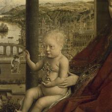 Jan Van Eyck (vers 1390/1395-1441), La Vierge et l’Enfant au chancelier Rolin. Provient de l’église Notre-Dame-du-Châtel, à Autun. Vers 1436/1441, peinture (huile sur bois), 66 × 62 cm. Paris, musée du Louvre (INV 1271)