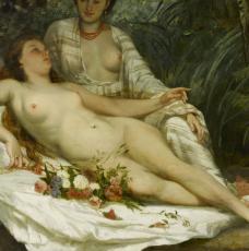 Gustave Courbet (1819-1877), Baigneuses, dit aussi Deux femmes nues. 1858, peinture (huile sur toile), 115,4 × 155,5 cm (à l’origine ; tronqué entre 1930 et 1950 d’environ 65 cm à la partie supérieure et d’environ 20 cm à la partie inférieure). Ornans, musée Gustave-Courbet (dépôt du musée d’Orsay ; MNR 876)