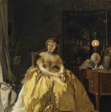 Alfred Stevens (1823-1906), Rentrée du monde, dit aussi La Femme en jaune, retour du bal ou Rentrée du bal. Vers 1867, peinture (huile sur bois), 85 × 75 cm. Compiègne, musée national du château de Compiègne (C.53.D.73)