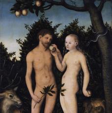Lucas Cranach l’Ancien (1472-1553), Adam et Ève au paradis. Le Péché originel. 1533, peinture (huile sur bois de hêtre), 50,5 × 35,7 cm. Allemagne, Berlin, Gemäldegalerie (567)
