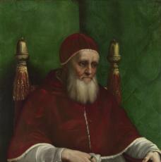 Raffaello Sanzio, dit Raphaël (1483-1520), Portrait du pape Jules II. 1511, peinture (huile sur bois de peuplier), 108,7 × 81 cm. Royaume-Uni, Londres, The National Gallery (NG27)