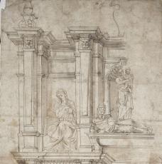 Michelangelo Buonarroti, dit Michel-Ange (1475-1564), partie gauche de la façade du tombeau de Jules II, à San Pietro in Vincoli. XVIe siècle, dessin (lavis d’encre de Chine sur papier), 41,3 × 31,4 cm. Paris, musée du Louvre (INV 835, Recto)
