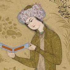Rézâ Abbâsi (vers 1565-1635), d’après Ustád Muḥammad, Jeune homme lisant un livre de poésie. Folio détaché. Provient d’Ispahan, en Iran. Vers 1625-1626, peinture (gouache et or sur papier), 21,9 × 14,7 cm. Royaume-Uni, Londres, The British Museum (1920,0917,0.298.3)