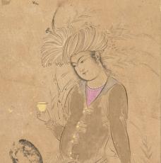 Reza Abbasi (vers 1565-1635), Jeune homme au gobelet d’or. Proviendrait d’Ispahan, en Iran. Vers 1610, peinture (encre, rehauts de couleur et d’or, apprêt [?] sur papier), 40,2 × 26 cm. Paris, musée du Louvre (OA 7136)