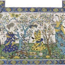 Panneau de revêtement à la joute poétique. Proviendrait d’Ispahan, en Iran. XVIIe siècle, céramique (pâte siliceuse, glaçures colorées), 118 × 175,7 × 6 cm. Paris, musée du Louvre (OA 3340