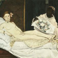 Femme nue sur un lit, une servante noire avec un bouquet de fleurs et un chat noir
