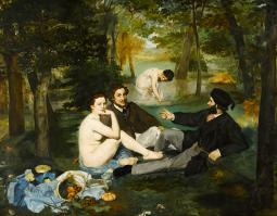 Édouard Manet (1832-1883), Le Déjeuner sur l’herbe (Le Bain, La Partie carrée ; détail du bouvreuil). 1863, peinture (huile sur toile), 208 × 264,5 cm. Paris, musée d’Orsay (RF 1668)