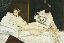 une femme nue allongée avec un chat noir et une servante avec un bouquet