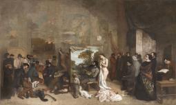 un peintre dans son atelier avec des visiteurs et une femme nue