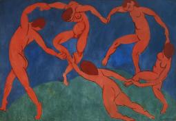 hommes nus dansant en rond sur un fond bleu