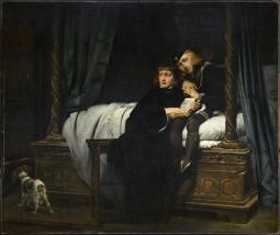 Deux garçons apeurés dans une chambre avec un chien, en habit du Moyen Âge 