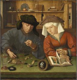 Quentin Metsys (1466-1530), Le Prêteur et sa femme (Le Changeur et sa femme). 1514, huile sur bois, 70 × 67 cm. Paris, musée du Louvre (no inv. INV. 1444)