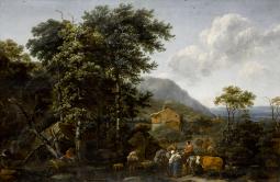 Nicolaes Pietersz. Berchem (1620-1683), Paysage aux grands arbres avec des animaux près d’un gué. 1653, peinture (huile sur toile), 130,5 × 195,5 cm. Paris, musée du Louvre (INV 1037)