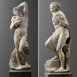 Michelangelo Buonarroti, dit Michel-Ange (1475-1564), Esclave mourant. Esclave rebelle1513-1515, sculpture (marbre), 227,7 × 72,4 × 53,5 cm. 215 × 49 × 75,5 cm. Paris, musée du Louvre (MR1589- MR 1590)