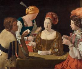 deux femmes et deux hommes jouant aux cartes, un triche