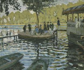 un étang avec des embarcations et des personnages
