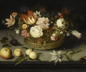 Corbeille de fruits et de fleurs, aux couleurs très sombres.
