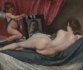 Femme nue allongée sur son lit face à un miroir, un ange lui tient le miroir