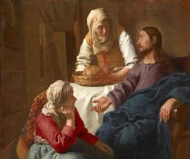 Christ parlant aux deux femmes, il est assis à droite de l'œuvre quand aux deux femmes, l'une à ses pieds et l'autre debout à sa droite lui tendant du pain.