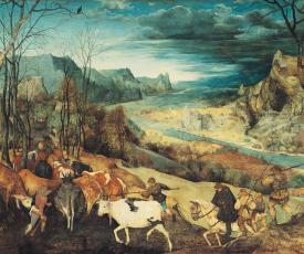 On y voit des paysans guidant leurs vaches, l'un d'eux ferme la marche à dos de cheval