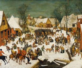 hommes en armures tuant des villageois sous la neige