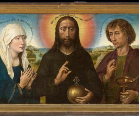 A gauche se trouve Saint Jean-Baptiste tenant un livre, au centre, le Christ entre la Vierge Marie et saint Jean l’Évangéliste et à droite se tient Marie-Madeleine.