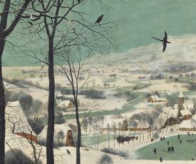 village enneigé et oiseaux