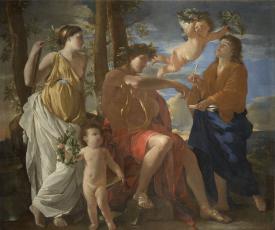 un homme couronné de laurier entouré d'une femme et un d'un jeune homme