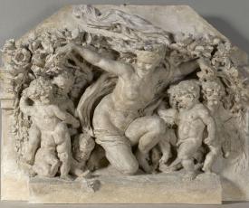 jeune femme nue accroupie avec des putti et une guirlande de fleurs