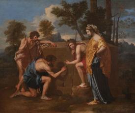 3 jeunes hommes lisant une inscription sur un tombeau, une femme drapée debout