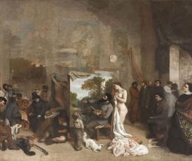 un peintre dans son atelier avec des visiteurs et une femme nue