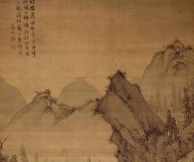 Dans une barque amarrée au rivage, sous deux pins aux racines tortueuses, un lettré contemple le fleuve 