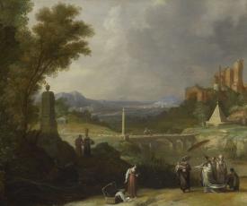 une femme découvre un berceau dans une rivière, paysage