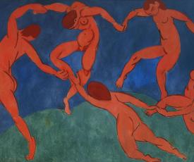hommes nus dansant en rond sur un fond bleu