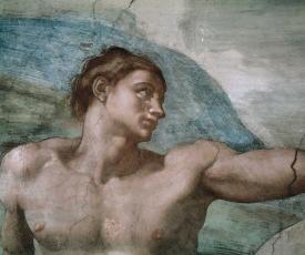 Michelangelo Buonarroti dit Michel-Ange (1475-1564), La Création d’Adam (détail d’Adam). 1508-1512, peinture (fresque ; pigments à l’eau sur enduit frais). Vatican, chapelle Sixtine