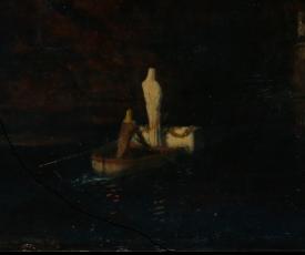Arnold Böcklin (1827-1901), L’Île des morts (deuxième version ; détail de la barque). 1880, peinture (huile sur bois), 73,7 × 121,9 cm. États-Unis d’Amérique, New York, The Metropolitan Museum of Art (Reisinger Fund, 1926 [26.90])