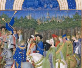 Hermann, Paul et Jean de Limbourg (vers 1385/88-1416), Les Très Riches Heures du duc de Berry (calendrier : le mois de mai [vue rapprochée]). 1411-1416, peinture sur parchemin (vélin), 29 × 21 cm. Chantilly, musée Condé (no inv. Ms65-folio5-verso)