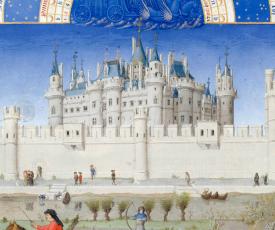 Hermann, Paul et Jean de Limbourg (vers 1385/88-1416), Les Très Riches Heures du duc de Berry (calendrier : le mois d’octobre [détail du Louvre]). 1411-1416, peinture sur parchemin (vélin), 29 × 21 cm. Chantilly, musée Condé (no inv. Ms65-folio10-verso)